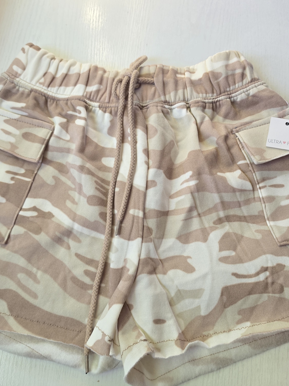 Ultra Flirt Women's Beige Camo Drawstring Shorts Size S